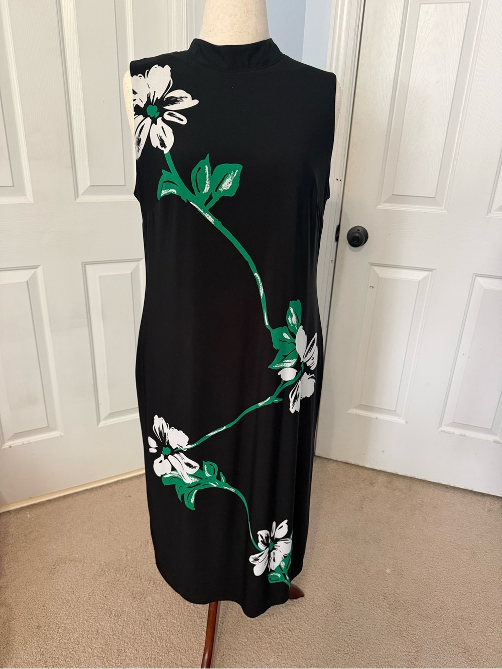 CATO Black Sleeveless Floral Midi Dress with Green & White Print